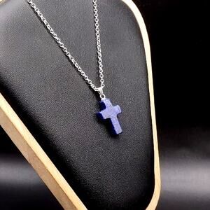 925 Silver Necklace W/ Blue Agate Cross Stone Boho Anniversary Birthday Gift